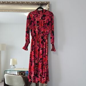 Red Floral Womens Dress, Long Sleeve High Neck